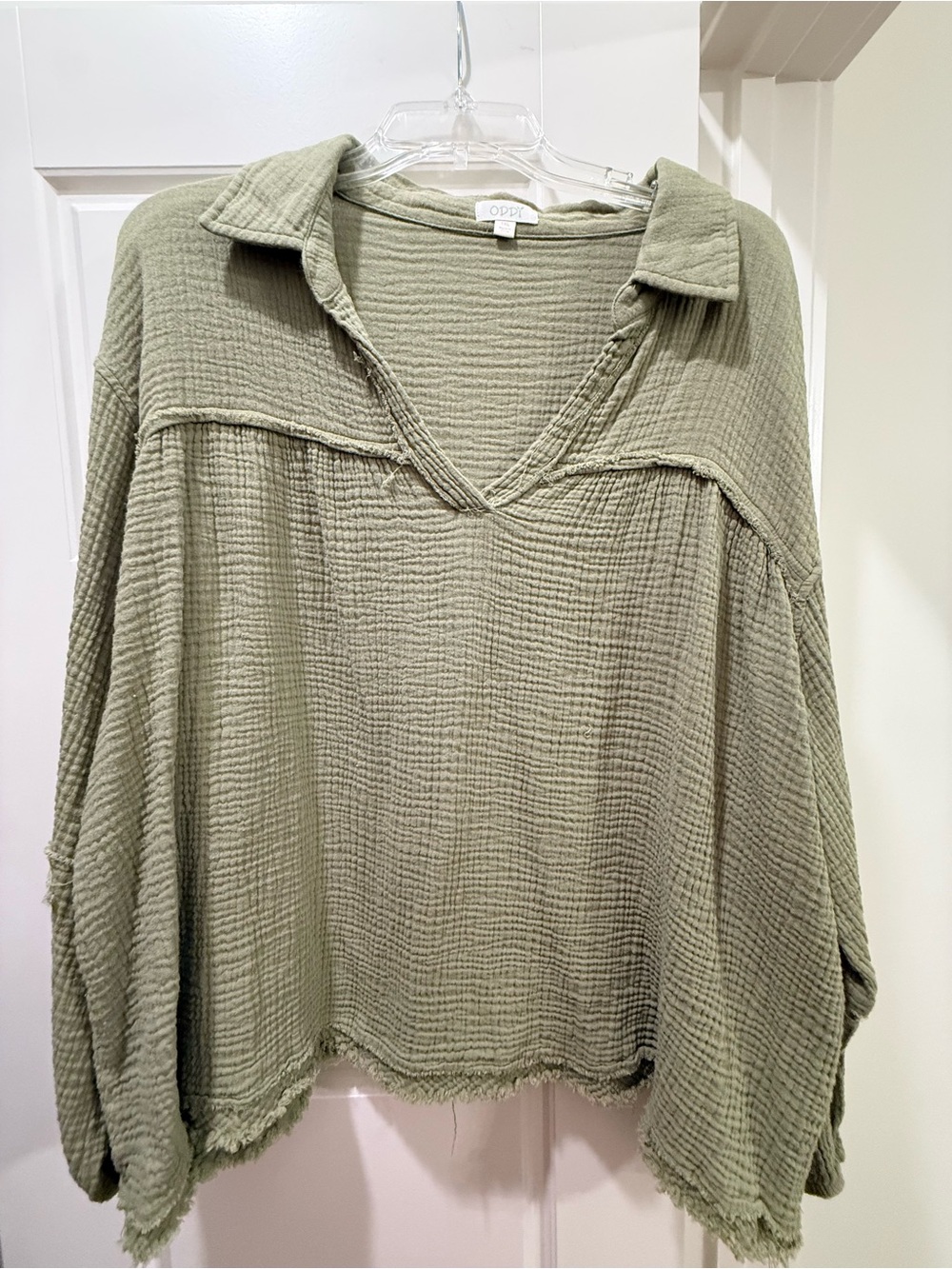 ODDY Olive Green Textured Gauze V-Neck Pullover